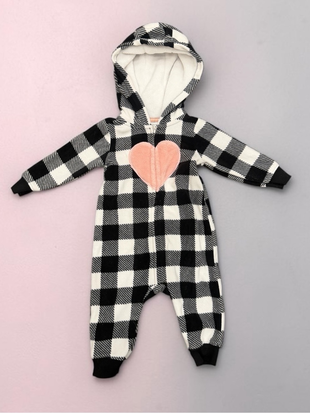 Carter's Black & White Buffalo Plaid Hooded One-Piece with 🩷
